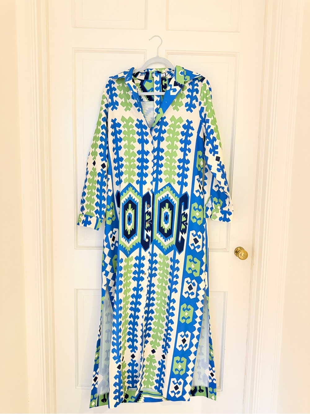 Blue & Green Geometric Maxi Shirt Dress